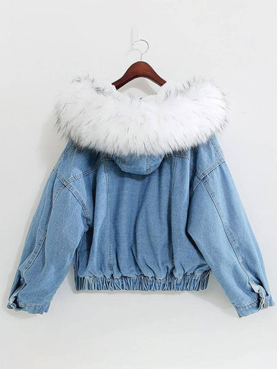 Cocolii vestes en jean belly fausse fourrure doublé polaire capuche chic femme manteau bleu