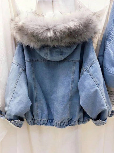 Cocolii vestes en jean belly fausse fourrure doublé polaire capuche chic femme manteau bleu