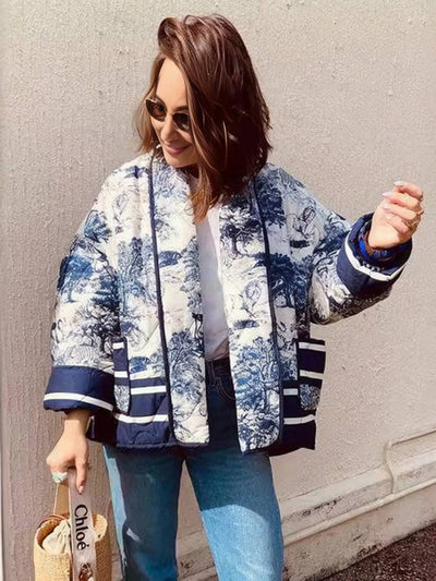 Cocolii court hiver veste imprimé à fleurie poches manches longues femme oversized décontracté manteau