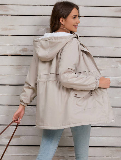 Cocolii mi-longue parka unicolore à capuche boutons poches fermeture éclair femme élégant décontracté manteau