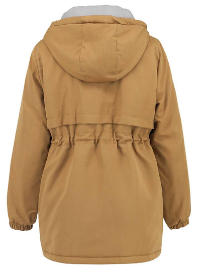 Cocolii mi-longue parka unicolore à capuche boutons poches fermeture éclair femme élégant décontracté manteau