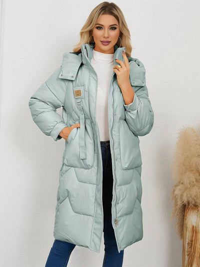 Cocolii longue manteau doudoune unicolore col montant fermeture éclair boutonnage poches femme élégant décontracté veste