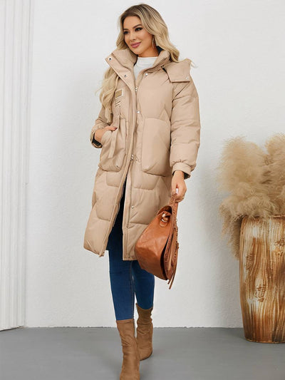Cocolii longue manteau doudoune unicolore col montant fermeture éclair boutonnage poches femme élégant décontracté veste