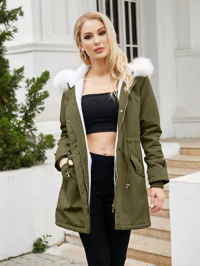 Cocolii mi-longue parka à capuche boutonnage poches manches longues femme casual décontracté blouson