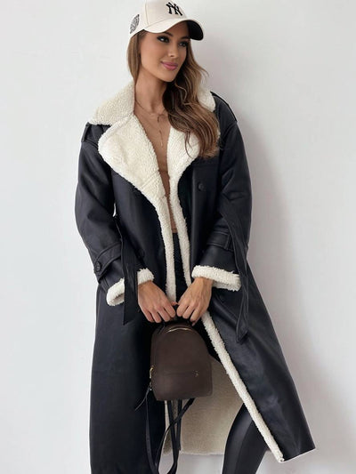 Cocolii longue manteau aviateur simili cuir molleton double boutonnage poches ceintur col revers femme oversized blousen