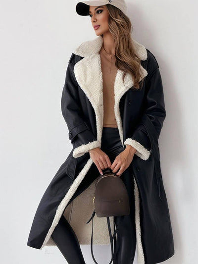 Cocolii longue manteau aviateur simili cuir molleton double boutonnage poches ceintur col revers femme oversized blousen