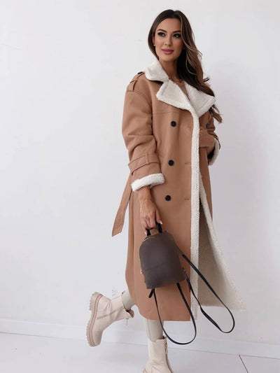 Cocolii longue manteau aviateur simili cuir molleton double boutonnage poches ceintur col revers femme oversized blousen