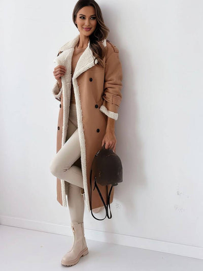 Cocolii longue manteau aviateur simili cuir molleton double boutonnage poches ceintur col revers femme oversized blousen