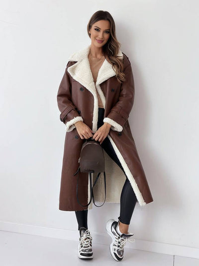 Cocolii longue manteau aviateur simili cuir molleton double boutonnage poches ceintur col revers femme oversized blousen