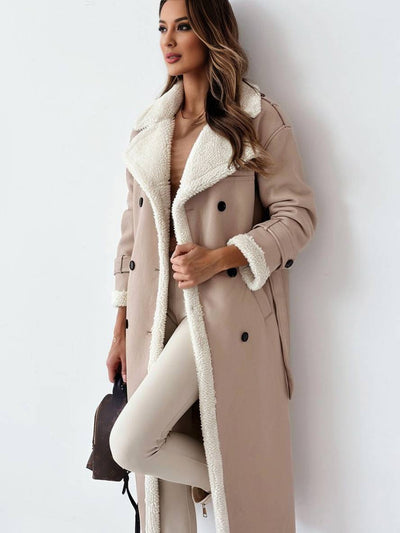 Cocolii longue manteau aviateur simili cuir molleton double boutonnage poches ceintur col revers femme oversized blousen