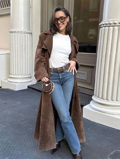 Cocolii longue manteau suedine double boutonnage ceinture col revers manches longues femme élégant décontracté ample veste