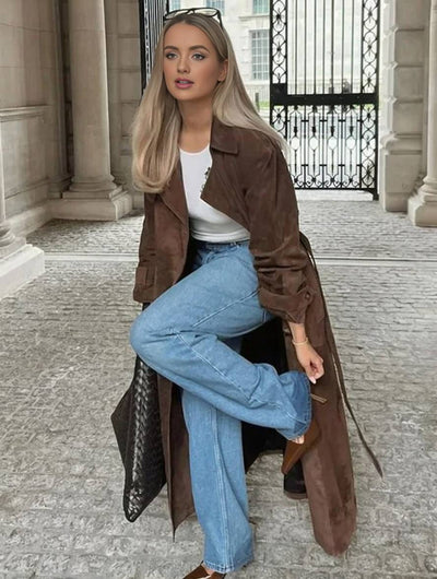 Cocolii longue manteau suedine double boutonnage ceinture col revers manches longues femme élégant décontracté ample veste
