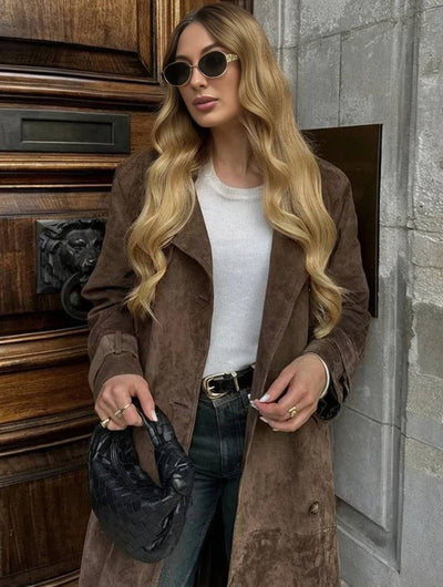 Cocolii longue manteau suedine double boutonnage ceinture col revers manches longues femme élégant décontracté ample veste