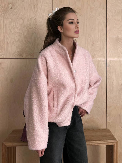 Cocolii manteau boutonnage poches col montant épaule tombante femme élégant décontracté doux hiver veste