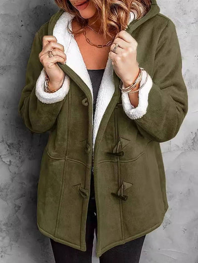 Cocolii mi-longue manteau en daim polaire à capuche boutonnage poches femme élégant décontracté casual hiver parka