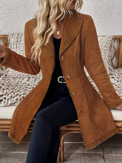 Cocolii mi-longue manteau en suedine femme doublé polaire molleton boutonnage col revers décontracté veste en daim