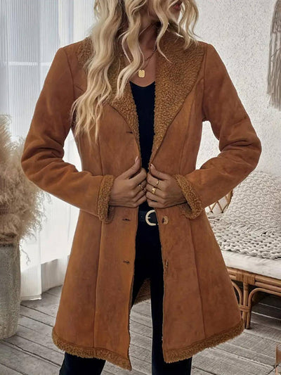 Cocolii mi-longue manteau en suedine femme doublé polaire molleton boutonnage col revers décontracté veste en daim