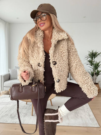 Cocolii court veste teddy fourrure manteau en polaire double boutonnage col revers femme doux élégant décontracté blouson