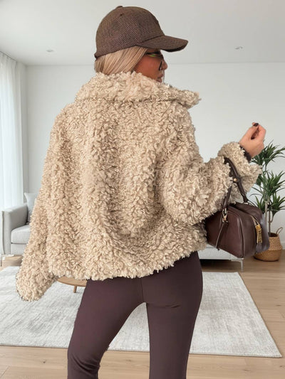 Cocolii court veste teddy fourrure manteau en polaire double boutonnage col revers femme doux élégant décontracté blouson