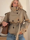 Cocolii trench court femme veste mi-saison double boutonnage col montant vintage chic et élégant avec ceinture