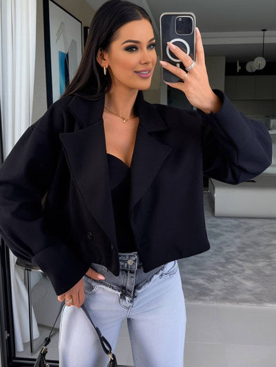 Cocolii court veste unicolore boutons col revers manches longues femme élégant décontracté mode vêtements d'automne