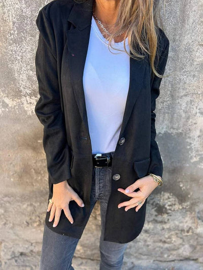 Cocolii mi-longue manteau suedine boutonnage col revers manches longues femme élégant décontracté mode veste