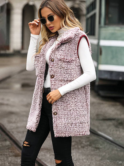 Cocolii mi-longue manteau unicolore polaire boutonnage poches col revers sans manches femme décontracté gilet