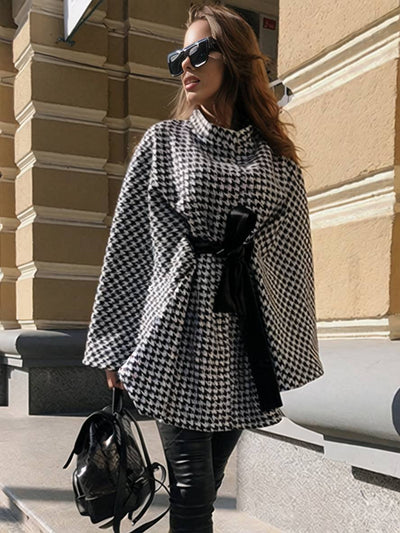 Cocolii court poncho manteau femme pied de poule ceinture manches chauve souris femme élégant décontracté ample oversized veste