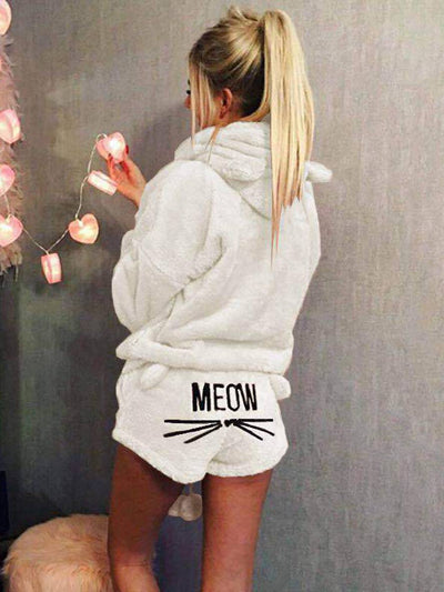Cocolii ensemble de pyjama short pilou pilou polaire meow brodée à capuche mignon femme vetement combinaison