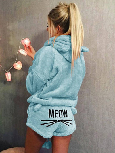 Cocolii ensemble de pyjama short pilou pilou polaire meow brodée à capuche mignon femme vetement combinaison