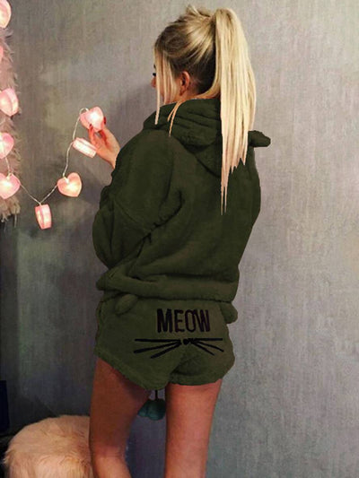 Cocolii ensemble de pyjama short pilou pilou polaire meow brodée à capuche mignon femme vetement combinaison