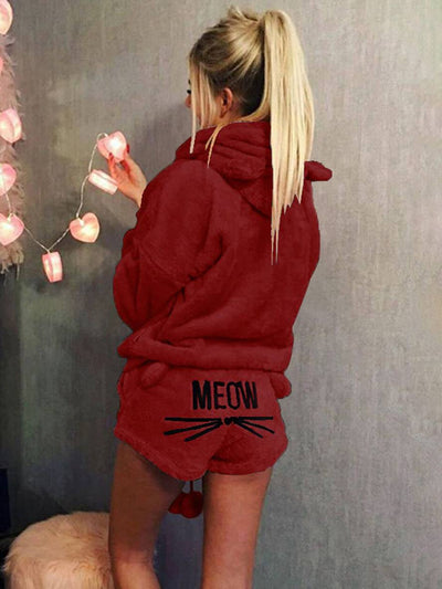 Cocolii ensemble de pyjama short pilou pilou polaire meow brodée à capuche mignon femme vetement combinaison