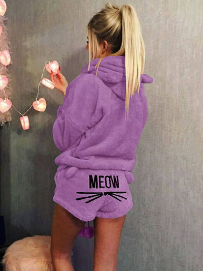 Cocolii ensemble de pyjama short pilou pilou polaire meow brodée à capuche mignon femme vetement combinaison
