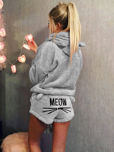 Cocolii ensemble de pyjama short pilou pilou polaire meow brodée à capuche mignon femme vetement combinaison