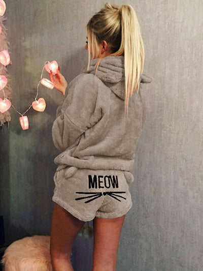 Cocolii ensemble de pyjama short pilou pilou polaire meow brodée à capuche mignon femme vetement combinaison