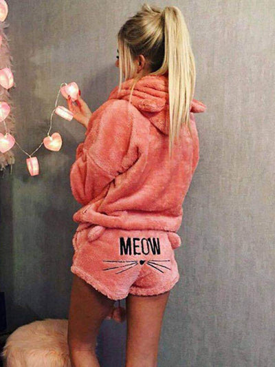 Cocolii ensemble de pyjama short pilou pilou polaire meow brodée à capuche mignon femme vetement combinaison