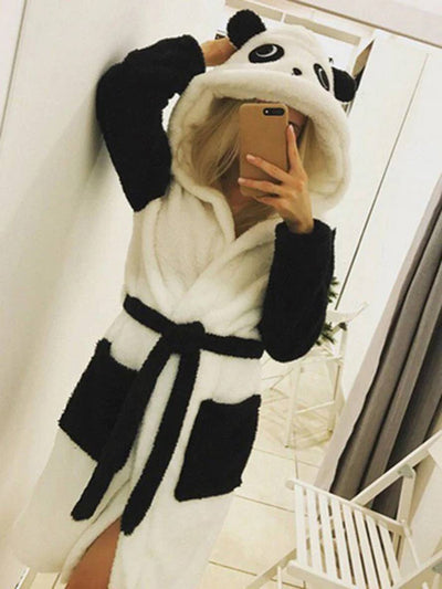 Cocolii peignoir panda animal en polaire capuche avec oreilles ceinture mignon femme hiver pyjama robe