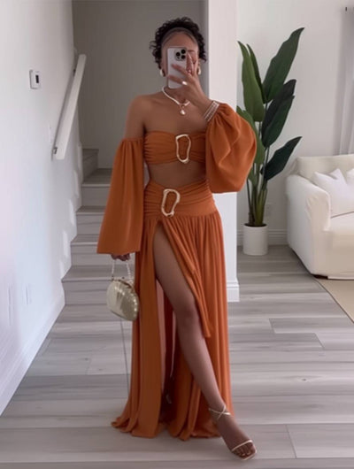 Cocolii robe ensemble en satin à volantée bustier dos nu manches longues femme élégant mode ample de plage