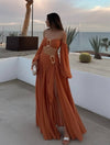 Cocolii robe ensemble en satin à volantée bustier dos nu manches longues femme élégant mode ample de plage