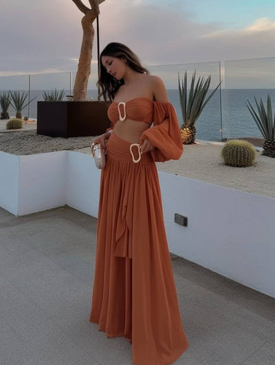 Cocolii robe ensemble en satin à volantée bustier dos nu manches longues femme élégant mode ample de plage