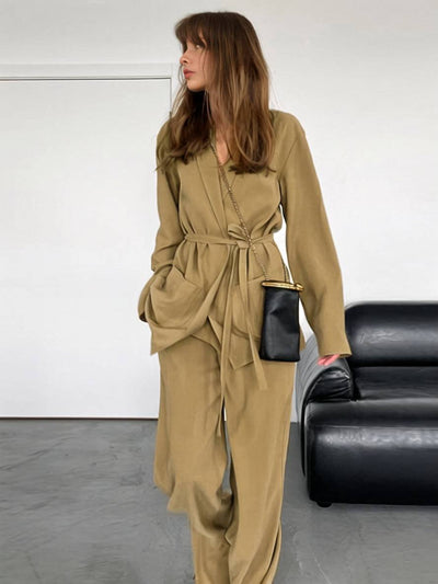 Cocolii ensembles avec pantalon v-cou ceinture poches blazer femme élégant décontracté deux pièces