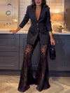 Cocolii ensembles avec pantalon dentelle flare évasé v-cou boutonnage poches blazer femme élégant style tailleur