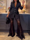 Cocolii ensembles avec pantalon dentelle flare évasé v-cou boutonnage poches blazer femme élégant style tailleur