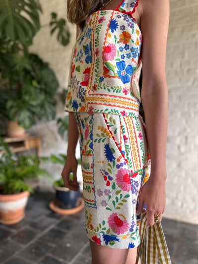 Cocolii ensemble deux pièces vintage imprimé pour vacances femme haut bretelle sans manches et avec poches short style vacances