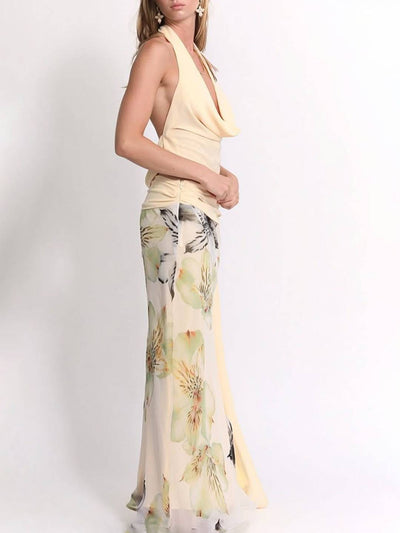 Cocolii ensemble avec longue imprimé à fleurie fendu jupe licou décolleté plongeant dos nu sans manches hauts femme décontracté