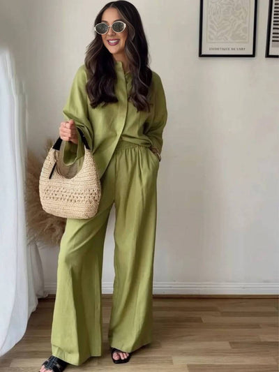 Cocolii ensembles avec poches pantalon unicolore boutonnage col chemise manches longues blouse femme ample décontracté tenue