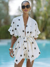 Cocolii lin ensemble à pois v-cou ceinture manches courtes hauts avec poches shorts femme ample décontracté deux pièces