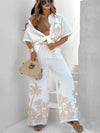 Cocolii imprimé tropicale feuille ensembles avec longue pantalon lin manches courtes huats femme pour les vacances deux pièces