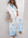 Cocolii imprimé tropicale feuille ensembles avec longue pantalon lin manches courtes huats femme pour les vacances deux pièces