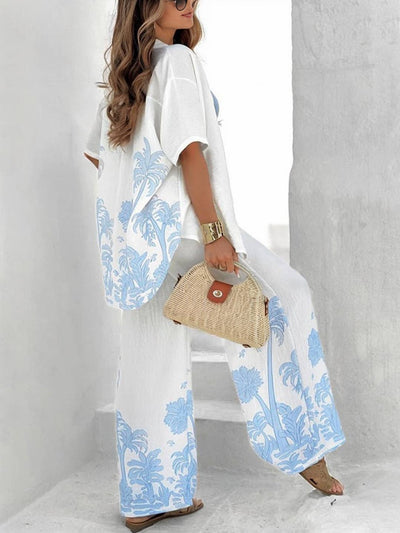 Cocolii imprimé tropicale feuille ensembles avec longue pantalon lin manches courtes huats femme pour les vacances deux pièces